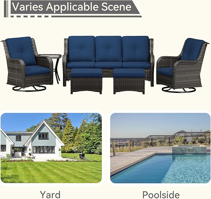 Wicker Patio Furniture Set 6 Piece, Outdoor Furniture Patio Conversation Set Includes 1 Three-Seat Sofa, 2 Swivel Rocker Chairs, 2 Ottomans and 1 Side Table,Blue