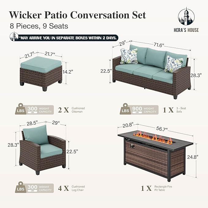 HERA'S HOUSE Patio Furniture Set with Fire Pit Table, Outdoor Wicker Furniture, All Weather Deep Seating Conversation Sofa Set, Brown Rattan Chairs for Deck Backyard, Blue