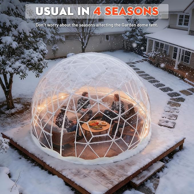 12FT Garden Dome Tent, Geodesic Dome Greenhouse with PVC Clear Cover, Waterproof Garden Bubble Dome Tent House with 2 x 10M Light Strings for Outdoor, Patio, Backyard, Party (White Edge, 12.5FT/3.8M)