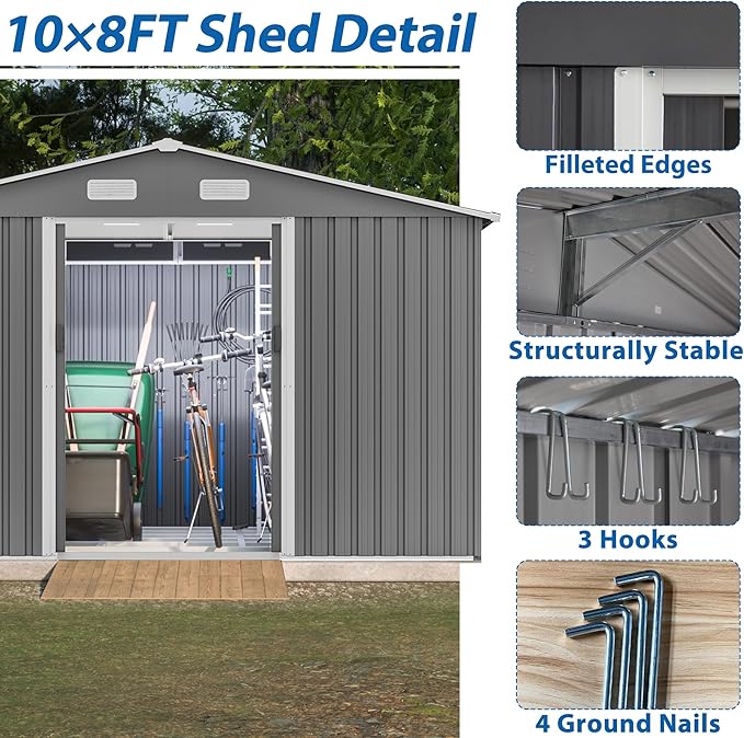 Spacious 10X8 FT Outdoor Storage Shed, All Weather Metal Sheds with Lockable Doors, Tool Shed for Garden, Patio, Backyard, Lawn, Black