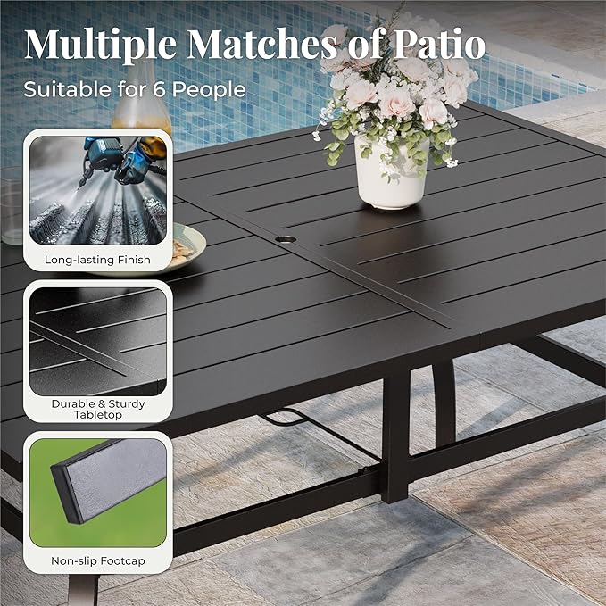 Patio Table and Chairs Set, Patio Dining Set for 6 with Brown Chairs and Metal Rectangular Table for Deck Backyard Lawn Poolside