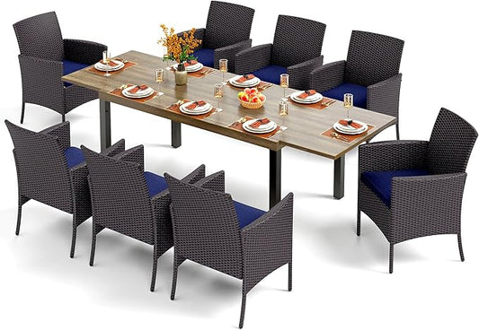 PHI VILLA 9 Piece Outdoor Dining Set for 8, Expandable Wood-Like Metal Dining Table & Wicker Chairs with Cushions, Large Dining Furniture for Patio, Deck, Backyard, Porch