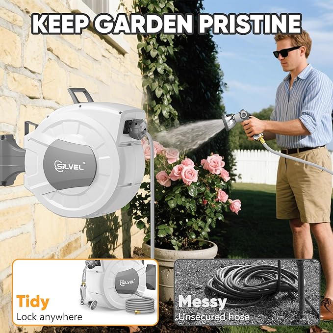 SILVEL 1/2 in x 130 FT Retractable Garden Hose Reel, Upgraded UV Resistant Heavy Duty Automatic Hose Reel Wall Mount with 10 Pattern Nozzle, Any Length Lock & Slow Return System, 180°Swivel Bracket