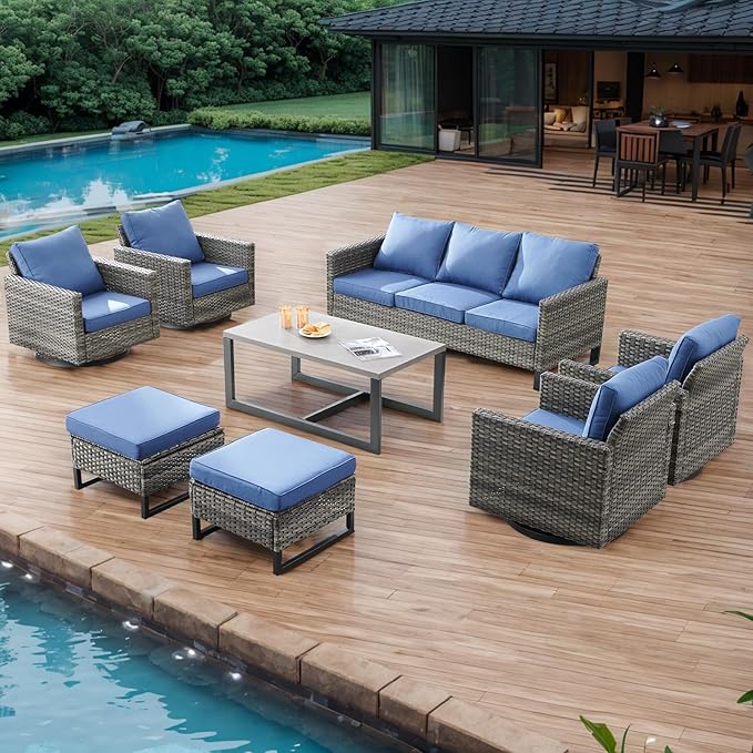 Wicker Outdoor Patio Furniture Set - 8 Piece Patio Conversation Set with 4 Swivel Rocker Chairs,2 Rattan Ottoman,1 Couch and 1 Metal Coffee Table for Outside Porch Deck Backyard(Mixed Grey/Blue)