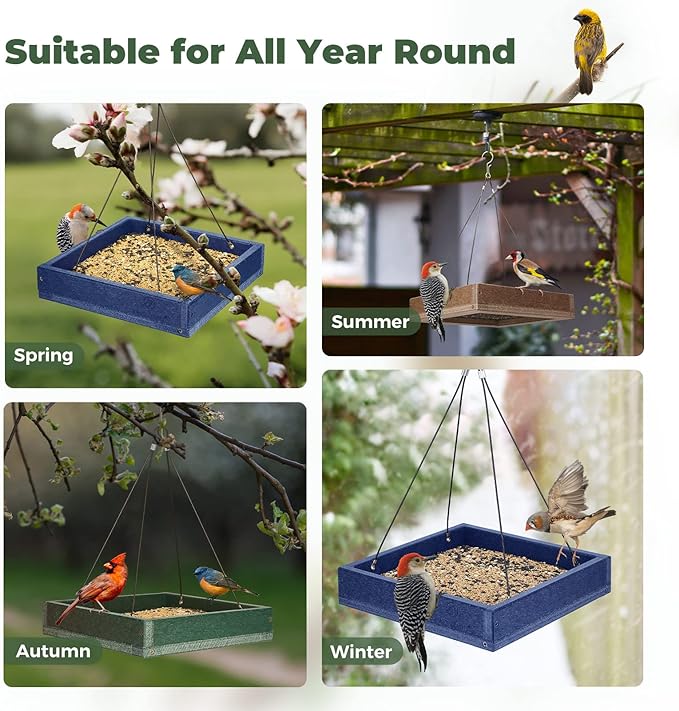 Kingsyard Platform Mealworm Bird Feeder for Outside, Recycled Plastic Hanging Tray Bird Feeders with Large Capacity 3.5 lbs, Premium Quality & Durable, Great for Attracting Wild Birds, Green