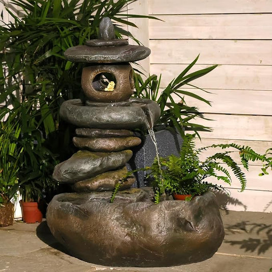 28" H Imitation Rock Pagoda Design Outdoor&Indoor Cascading Water Fountain, Natural Zen Decor Waterfall with LED Lights - Suitable for Garden/Patio/Yard/Deck/Balcony and Home Art Decor （Resin）