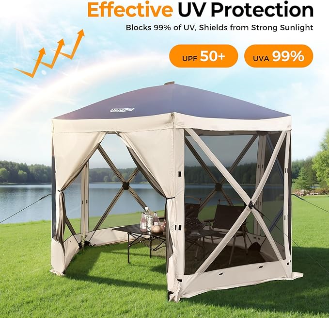 Tecoom 6-Sided Pop Up Gazebo Tent, Screen House with Mosquito Netting Canopy for Camping, 10x10ft Portable Sun Shelter Removable Siedwalls for Outdoor, Garden, Activities, Khaki