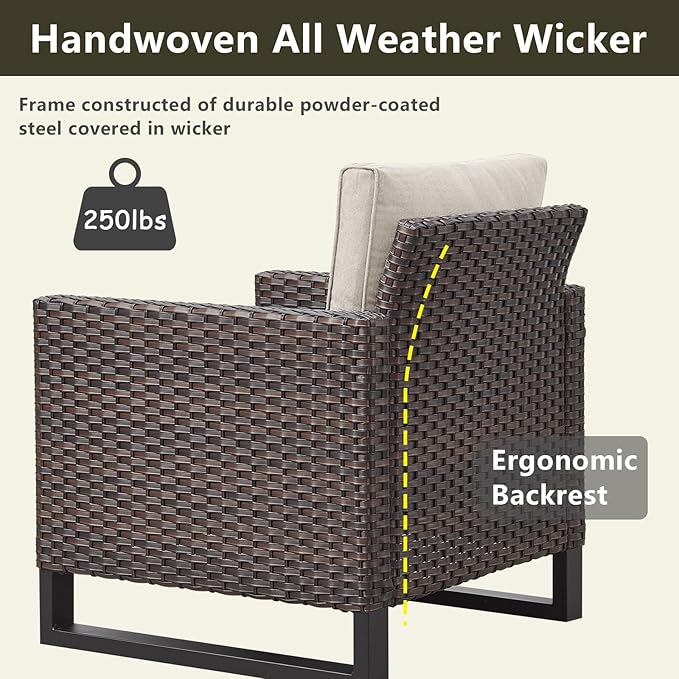 Rilyson Wicker Outdoor Patio Furniture Set - 6 Piece Patio Conversation Set with 2 Armrest Chairs,2 Rattan Ottoman,1 Couch and 1 Metal Side Table for Outside Porch Deck Backyard(Brown/Beige)
