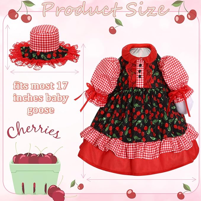 Fall Baby Goose Outfit for 17 Inch Plastic Lawn Porch Goose Statue Clothes Harvest Holiday Cherry Skirt with Hat Geese Outfit for Indoor Outdoor Patio Yard Art Decor