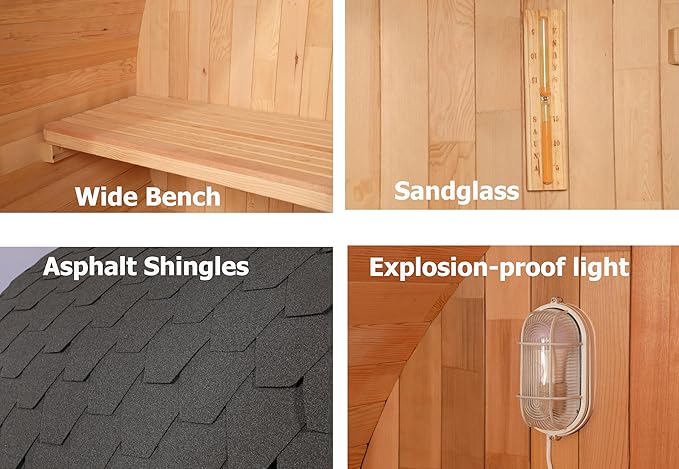 Outdoor Barrel Steam Sauna with Porch, Canadian Hemlock Wood Sauna 6 Person, 6KW Toule Heater, 220V, Waterproof System, Asphalt Shingles, Rugged Base(0-195℉)