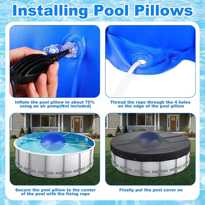 Hungdao 4ft Pool Pillow Cover for Above Ground with 12 Pcs Inflatable Pool Cover Weight with Hook Winter Ice Antifreezing Hanging Bag with Rope and Connection Buckle(Royal Blue,4ft,Round)