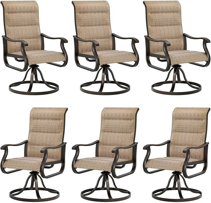 UDPATIO Patio Swivel Dining Chairs Set of 6, Outdoor Swivel Chairs High Back with All Weather Padded Textilene, Metal Rocking Frame for Lawn Garden, Brown