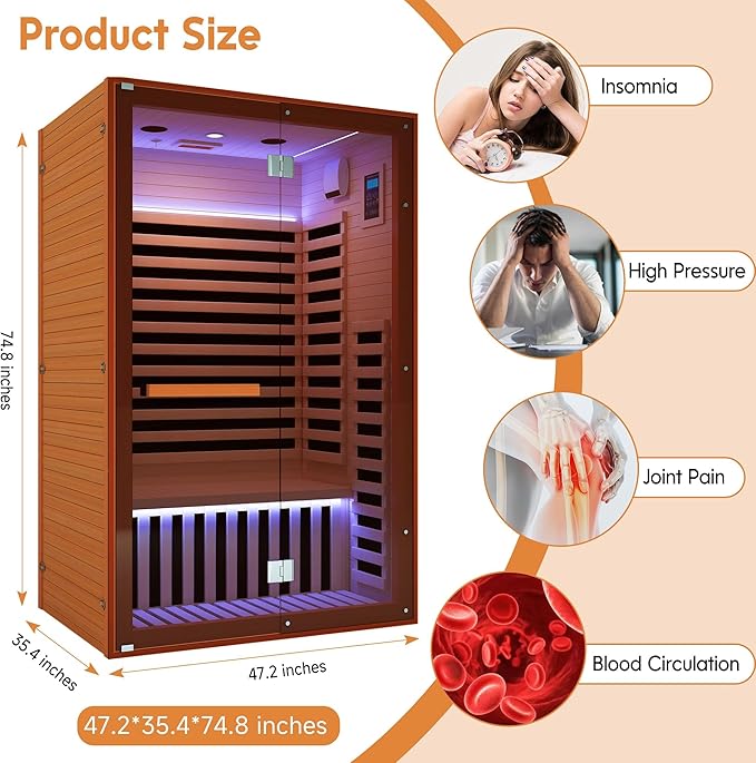 Infrared Sauna 2 Person,Far Infrared Home Sauna Room,1950W Light Therapy Lamp Dry Sauna for Home, Canadian Hemlock Indoor Sauna Spa with Oxygen Bar,Wooden Infrared Light Sauna