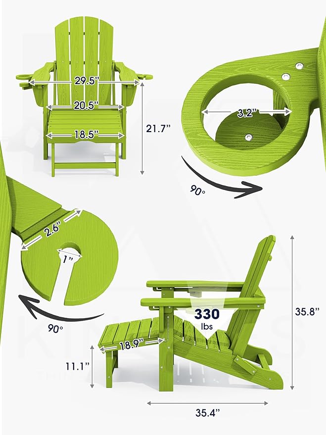 KINGYES Folding Adjustable Adirondack Chair with Ottoman & 2 Cup Holders Set of 2, HDEP Multifunctional Adirondack Chair with Footrest, Apple