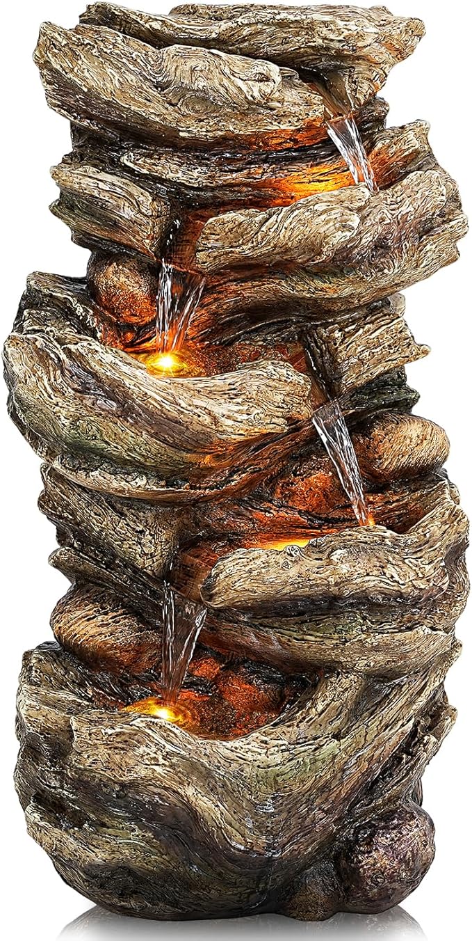 32" High Outdoor Water Fountain, 5-Tiers Cascading Rock Waterfall with LED Lights for Garden, Patio, Yard Decor, Soothing Tranquility for Any Outdoor Living Space