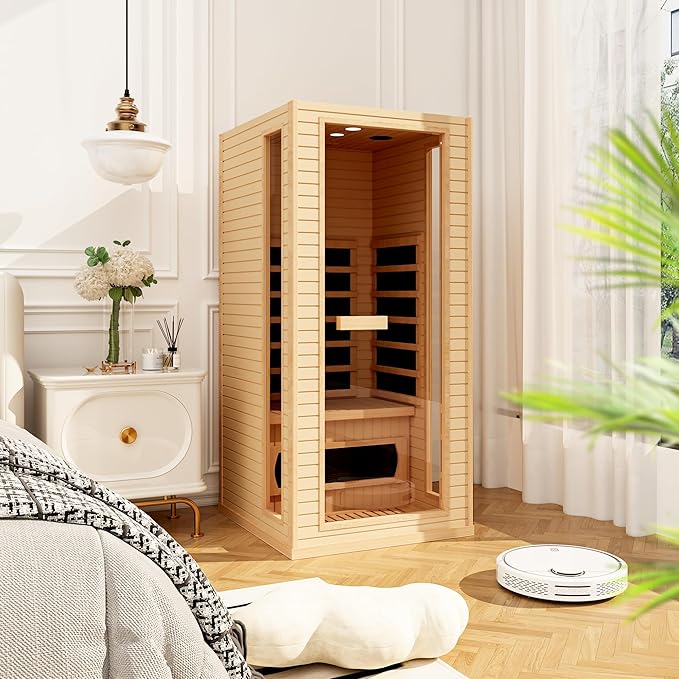 Infrared Sauna for Home, 1 Person Full Spectrum Infrared Sauna, Indoor Dry Roomy Sauna with Rapid Heating 4 Carbon Panels&1 Carbon Tube, 7 Color Therapy Lights, 110V