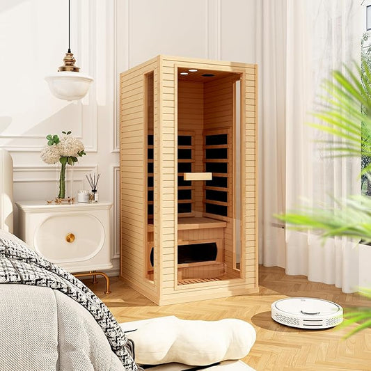 Infrared Sauna for Home, 1 Person Full Spectrum Infrared Sauna, Indoor Dry Roomy Sauna with Rapid Heating 4 Carbon Panels&1 Carbon Tube, 7 Color Therapy Lights, 110V