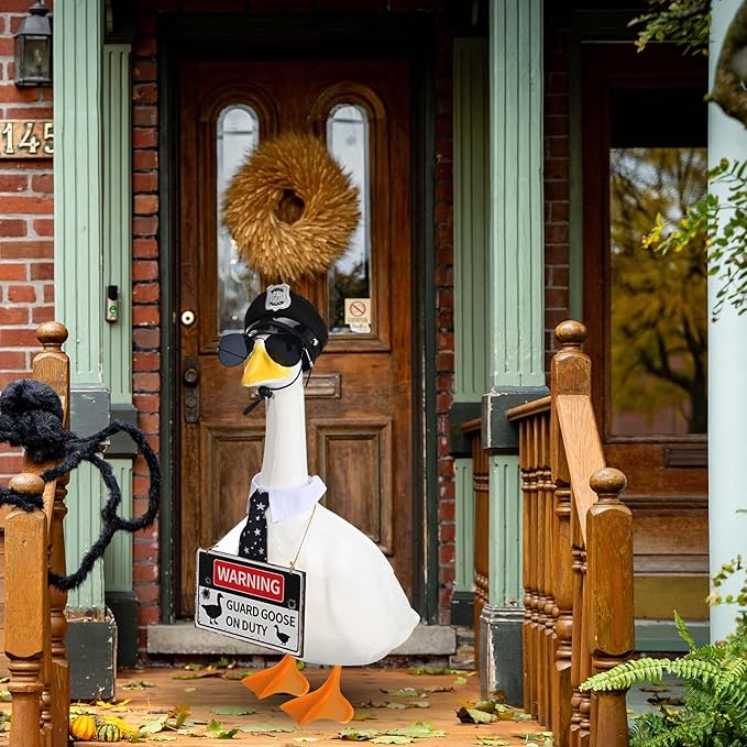 Police Goose Outfits 23” Cement Porch Goose Police Hat Eyeglasses Tie Wooden Warning for Yard and Patio Decoration (Police)