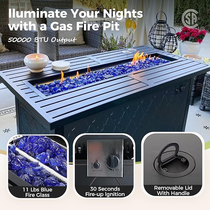 Patio Furniture Set with Firepit Table, 4 Pcs Metal Outdoor Conversation Set, 2 Single Chairs and 3 Seater Sofa with 5.75" Extra Thick Cushion and Gas Fire Pit Table for Backyard Deck, Beige