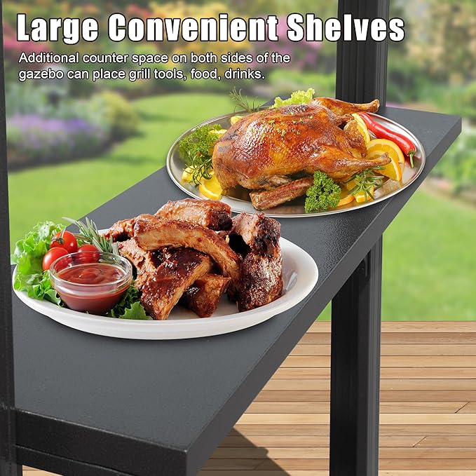 Domi 8x5FT Hardtop Grill Gazebo, Outdoor BBQ Gazebo with 2 Side Shelves and Ceiling Hook, Metal Grill Canopy with Galvanized Steel Double Roof for Patio Lawn Patio Backyard Deck, Grey