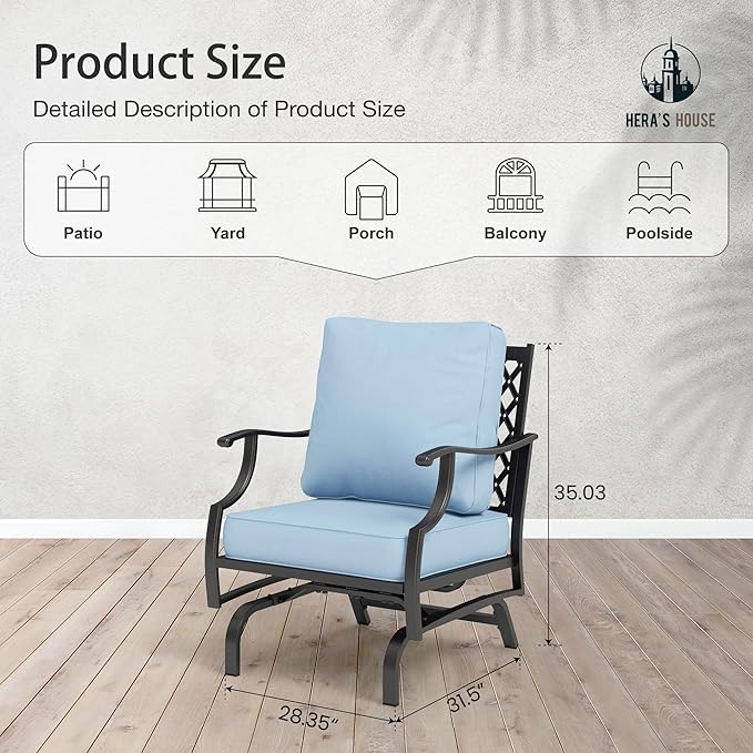 HERA'S HOUSE Outdoor Chairs Set of 2, 2 x Patio Chair with Blue Cushions, All Weather Outdoor Furniture for Lawn Garden Backyard Deck(Rocking Chairs)