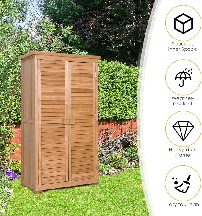 S AFSTAR Outdoor Storage Shed, Wooden Tool Storage Shed w/Detachable Shelves & Pitch Roof & Shutter Vents, Garden Storage Cabinet for Backyard Patio Deck Porch, 34.5”L x 18.5”W x 63”H, Natural