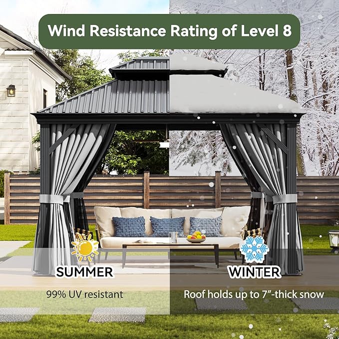 Aoxun 10' X 12' Hardtop Gazebo with Drainage System, Aluminum Outdoor Gazebo with Galvanized Steel Double Roof, Patio Permanent Metal Pavilion and LED Waterproof Hanging Lights, Easy Assemble