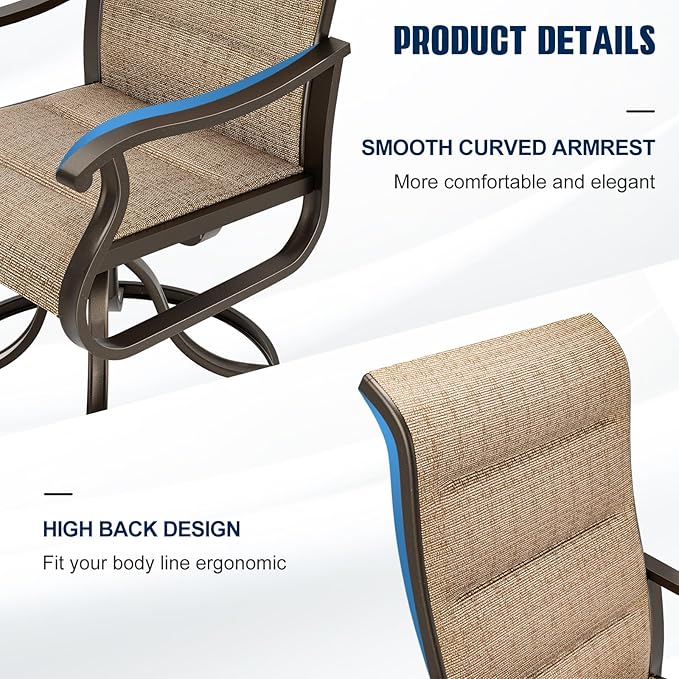UDPATIO Patio Swivel Chairs Set of 2, Outdoor Dining Chairs High Back with Padded All Weather Breathable Textilene, Metal Rocking Frame for Backyard Lawn Garden, Brown