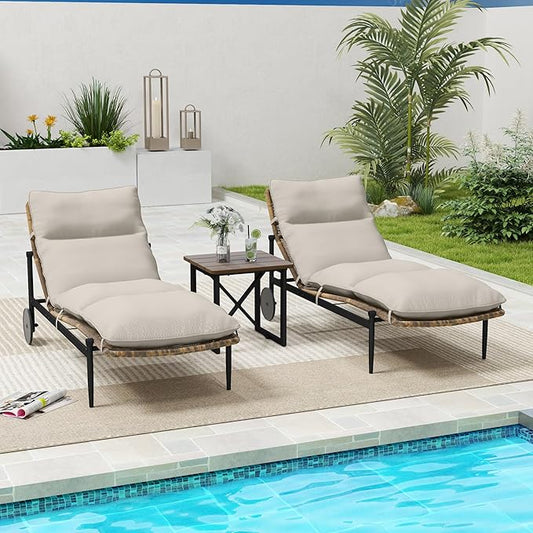 Chaise Lounge Chair Outdoor 3PCS - PE Rattan Wicker Patio Pool Lounge Chairs Set of 2 with Cushion and Wheels, Aluminum Waterproof Lounger with Wood Side Table for Poolside Backyard Porch
