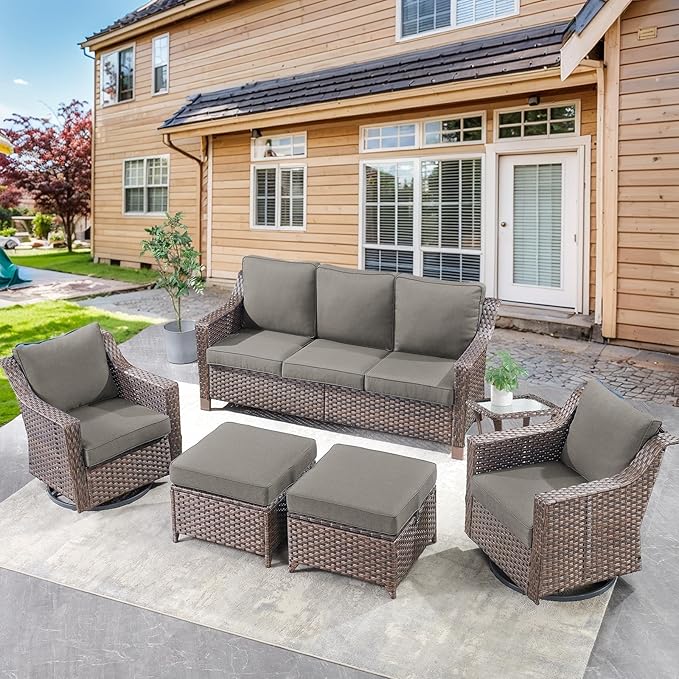 Outdoor Patio Wicker Swivel Chairs - Set of 2 Outside Resin Rattan Rocker Glider Gliding Chair Rocking Armchairs for Front Porch Balcony Backyard Yard Deck Poolside Apartment – Brown/Grey
