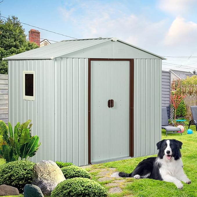 8x4 ft Outdoor Metal Storage Shed with Floor Foundation and Window, Lockable Galvanized Steel Tool Shed with Sliding Door and Air Vent, Waterproof Garden Storage House for Backyard, Patio