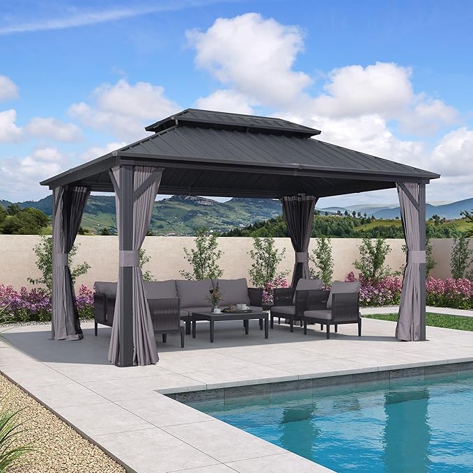 PURPLE LEAF 10' X 14' Outdoor Gazebo with Dual-Layer Galvanized Steel Double Roof for Patio Lawn Garden Aluminum Gazebo with Netting and Curtains Grey
