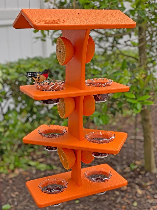 DutchCrafters Plastic Poly Double Platform Hanging Oriole Bird Feeder with Fruit Slice Holders & Nectar Cups, Jelly Bird Feeders for Outside - Amish Made in USA (Triple, Bright Orange)