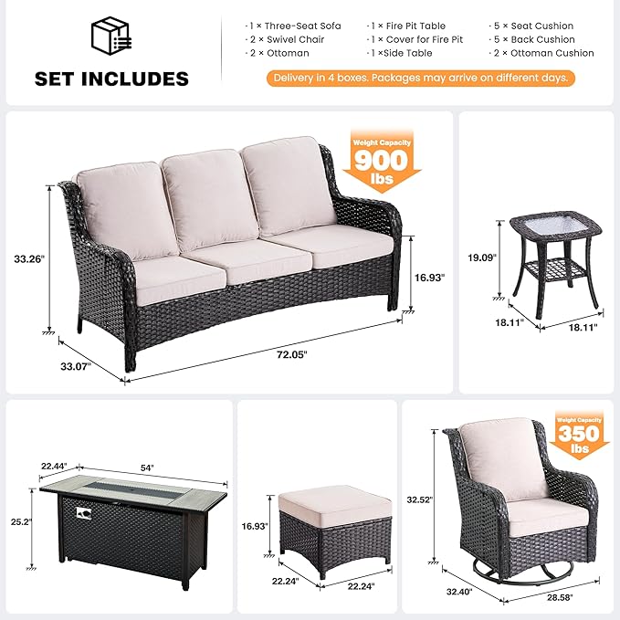 ovios 7 Pieces Patio Furniture Set, Outdoor Wicker Sofa Couch with Swivel Chairs 54" Fire Pit Table, High Back All Weather Modern Conversation Sets, Brown Rattan, Beige