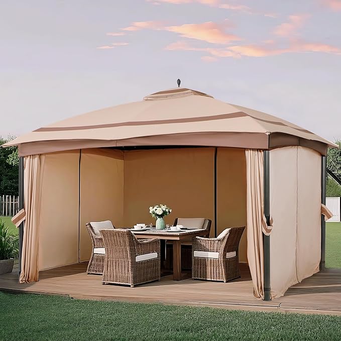 11x13 Gazebo for Patio, Gazebo with Curtains & Sandbags, Double Tier Roof Marquee Canopy for Garden, Deck, Backyard, Lawn (Khaki)-Netting not Included