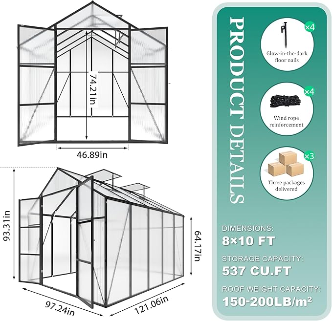 Greenhouse for Outdoors 8x10x7.8FT, Polycarbonate Greenhouse with Stronger Wind Protection and Roof Vent, Walk-in Large Aluminum Sunroom Winter Proof, Black