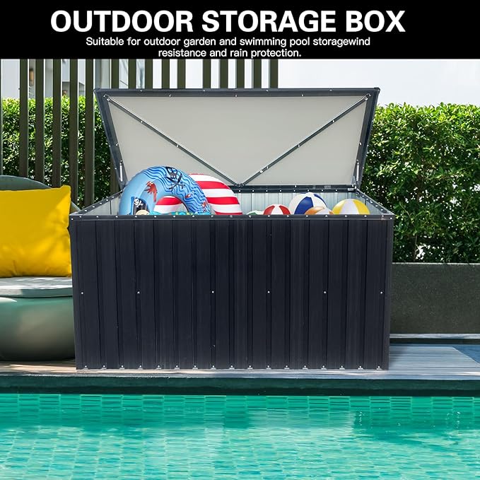 215-Gallon Outdoor Metal Storage Box, Weatherproof Deck Box with Wooden Texture, Multi-Purpose Garden Storage for Tools, Pool Accessories & Sports Gear, Patio Organizer with Tabletop Function