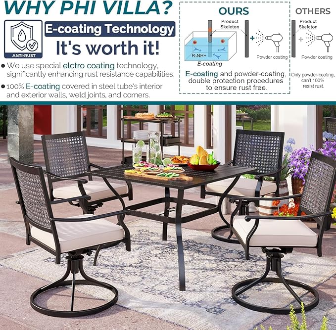 PHI VILLA 5 Pieces Outdoor Dining Set for 4, 37" Square Metal Wrought Iron Table with Umbrella Hole & Swivel Steel Chairs with Cushions, Modern Furniture Set for Patio, Deck, Porch, Yard