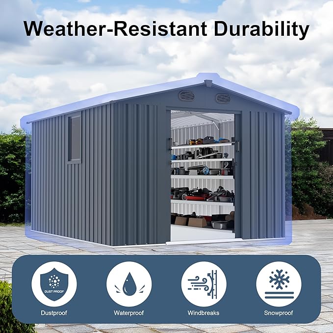 Outdoor Storage Shed, Metal Garden Shed with Double Doors, Galvanized Steel, Waterproof and Rustproof (8x10 FT Metal Shed)