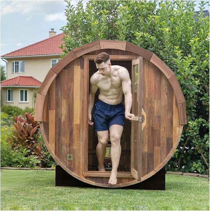 Smartmak Customized Outdoor Barrel Steam Sauna, 2-10 Person Canadian Hemlock/Red Cedar Traditional Wood Sauna Room with 220V ETL-Certified Heater, Backrest Headrest, Rocks, Light Accessories Included