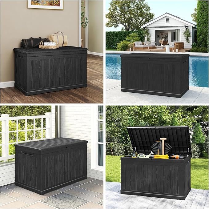 230 Gallon Deck Box, Outdoor Storage Box Waterproof and UV Resistant, Patio Storage Box Lockable Large, 440 lbs Load Capacity for Garden, Patio, Pool (Black)