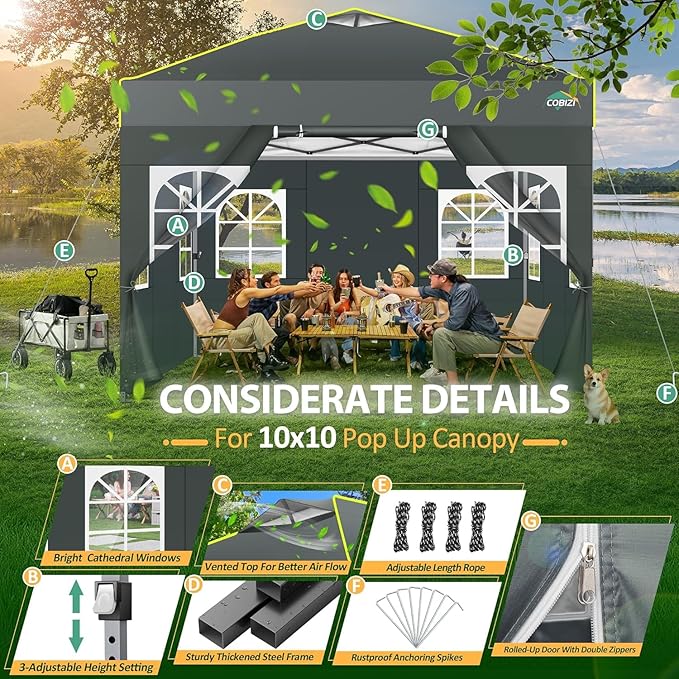 COBIZI 10x10 Pop up Canopy Tent with Sidewalls One Person Setup, Easy Outdoor Commercial Event Gazebo Shelter Enclosed Waterproof with Air Vent, 4 Sandbags for Garden,Party,Grey