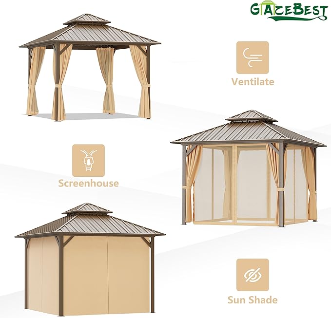 10x10 ft Hardtop Gazebo Outdoor Aluminum Patio Gazebo Double Roof Galvanized Steel Canopy with Netting and Curtains for Garden, Backyard,Deck and Lawns