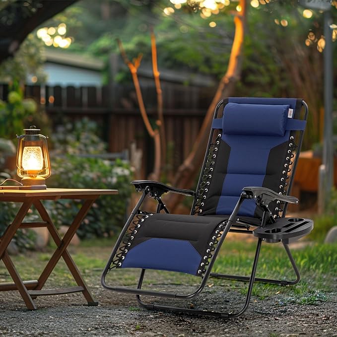 MAISON ARTS Oversized Padded Zero Gravity Chairs Set of 2, Folding Patio Lounge Chair, 28" Wide Seat Anti Gravity Recliners for Lawn Outdoor Camping Poolside Yard, Support 400lbs, Blue & Black