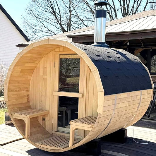 Outdoor Barrel Sauna with Porch, Wood Burning Stove Sauna 4 Person, Canadian Hemlock, Chimney Kit, Triple Waterproof System, Double Reinforcement(0-195℉)