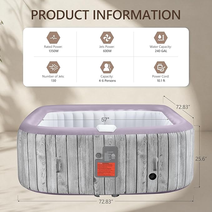 UHOMEPRO Inflatable Hot Tub Spa Set, Outdoor Bubble Massage Portable Hot Tubs with 130 Soothing Jets, Insulated Cover, Internal Heater Pump, 6 Filter Cartridges (Square)