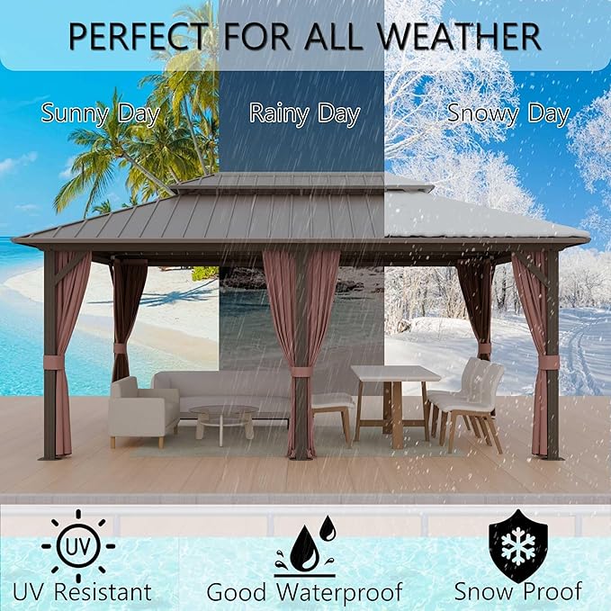 12'x20' Hardtop Gazebo, Outdoor Aluminum Frame Galvanized Steel Double Roof Pavilion with Netting and Shaded Curtains, Permanent Metal Pergolas for Patio, Backyard, Deck and Lawns.