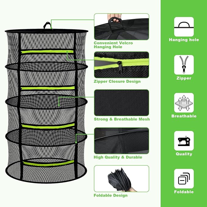 4 Layer Herb Drying Rack Hanging, Plant Drying Rack, Bud Drying Net,Foldable Hanging Dry Rack Net with Green Zipper, Garden Shears & Hooks, for Herbs, Seeds Indoor/Outdoor (23.62")