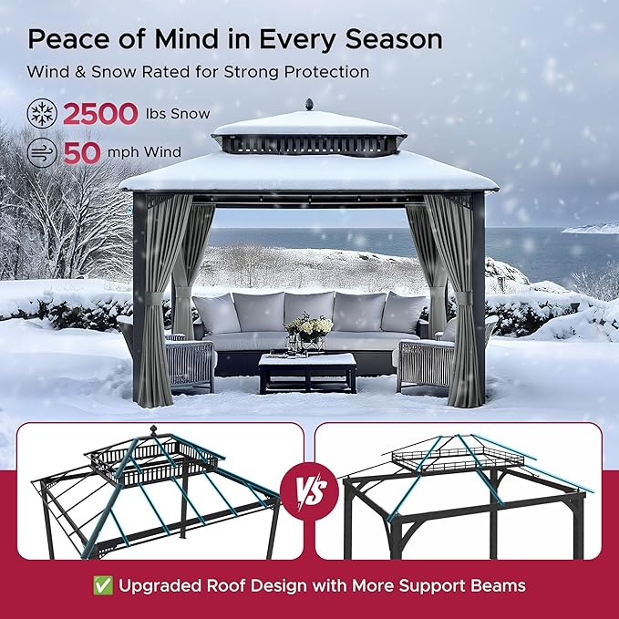 SUNJOY Kingston 12' x 10' Hardtop Gazebo with Galvanized Steel Double Roof, Curtain and Netting, Gray Aluminum Posts Permanent Pavilion Gazebo for Garden, Patio, Deck, Lawn