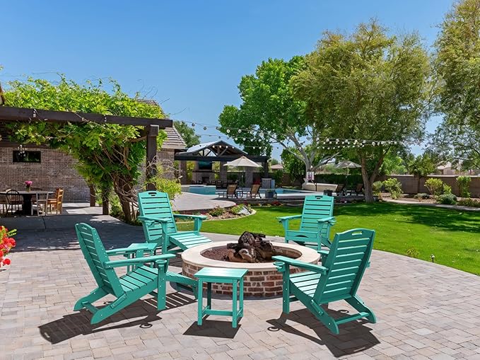 Folding Adirondack Chairs Set of 6,Adirondack Chair with Retractable Ottoman,Plastic Adirondack Chairs with 2 Cup Holder,Weather Resistant Patio Chair,Outdoor Chairs Set of 6(Lake Blue)